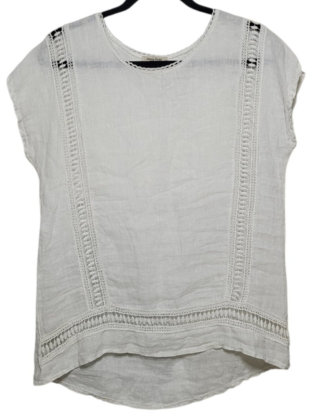 Alessia Pacini White Lace Trim High Low Top 100% Linen Blouse Small Coastal